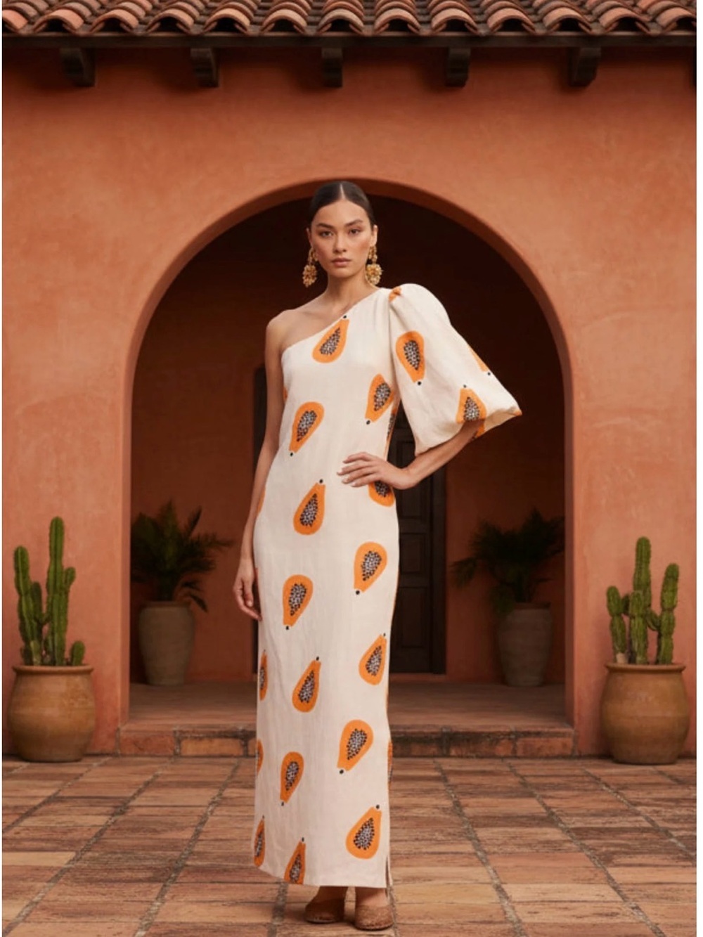 Lee White One-Shoulder Maxi Dress with Orange Print